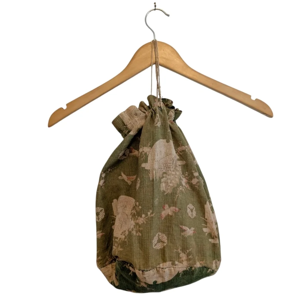TRUE VINTAGE Drawstring Bag 1920 Green Floral Cotton Jewelry Pouch